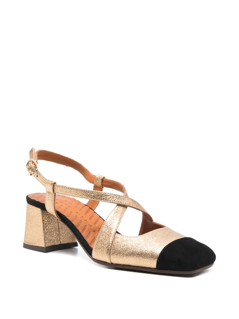 Chie Mihara Vondina women's gold metallic and black suede cap toe slingback, cross strap block heel, luxury shoes made in Spain