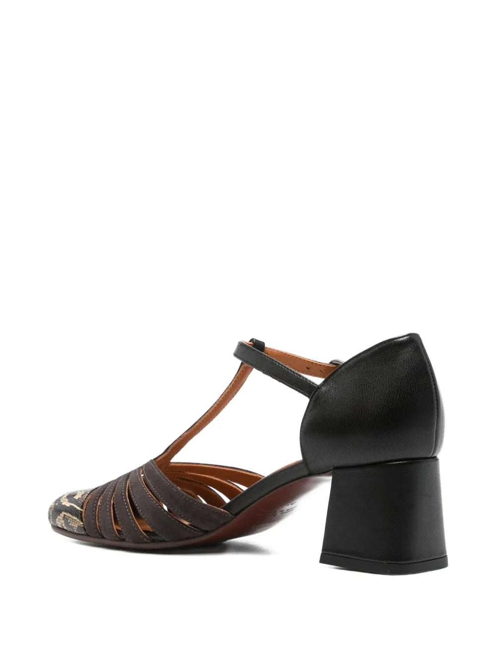Chie Mihara Vudui shoe in black leather, brown suede and snake effect with 4.5 cm heel.