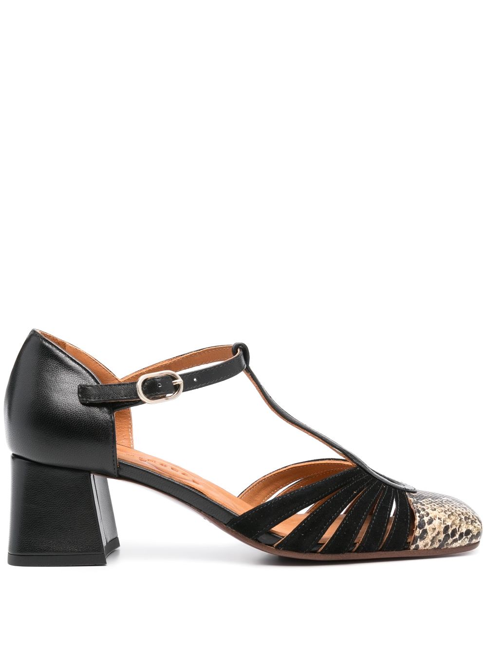 Chie Mihara Vudui black leather and suede multi-strap T-bar pump with snake print cap toe and mid block heel, handmade in Spain