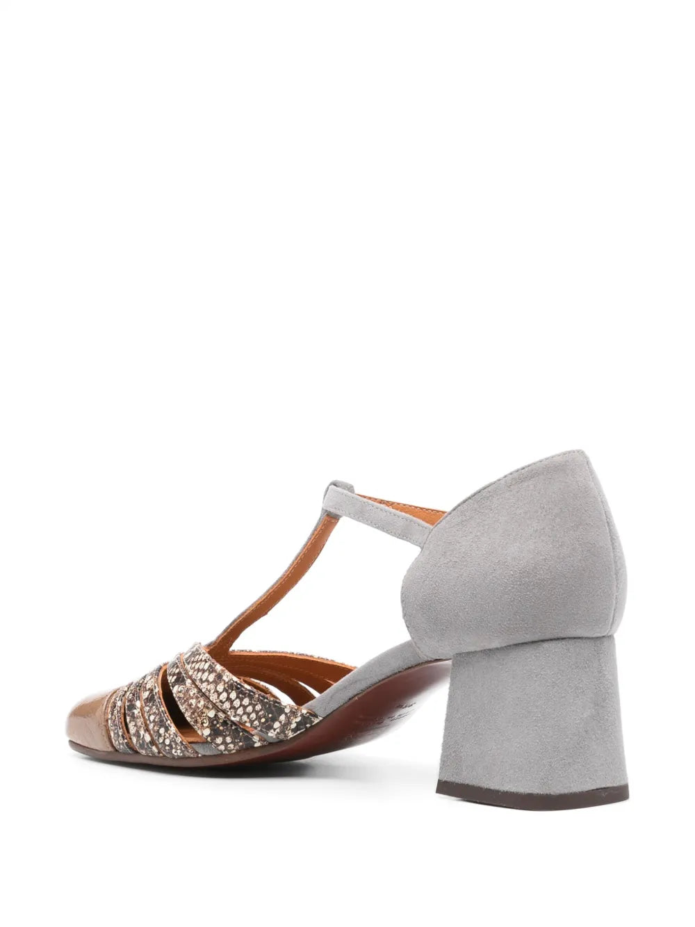 Chie Mihara Vudui unique heel design, grey suede and snake print leather T-bar pump, European designer shoes luxury everyday footwear