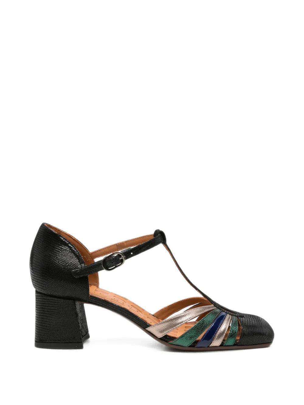 Chie Mihara VUDUI mid heel shoe with fan straps in black textured leather with iridescent green, silver and navy tones