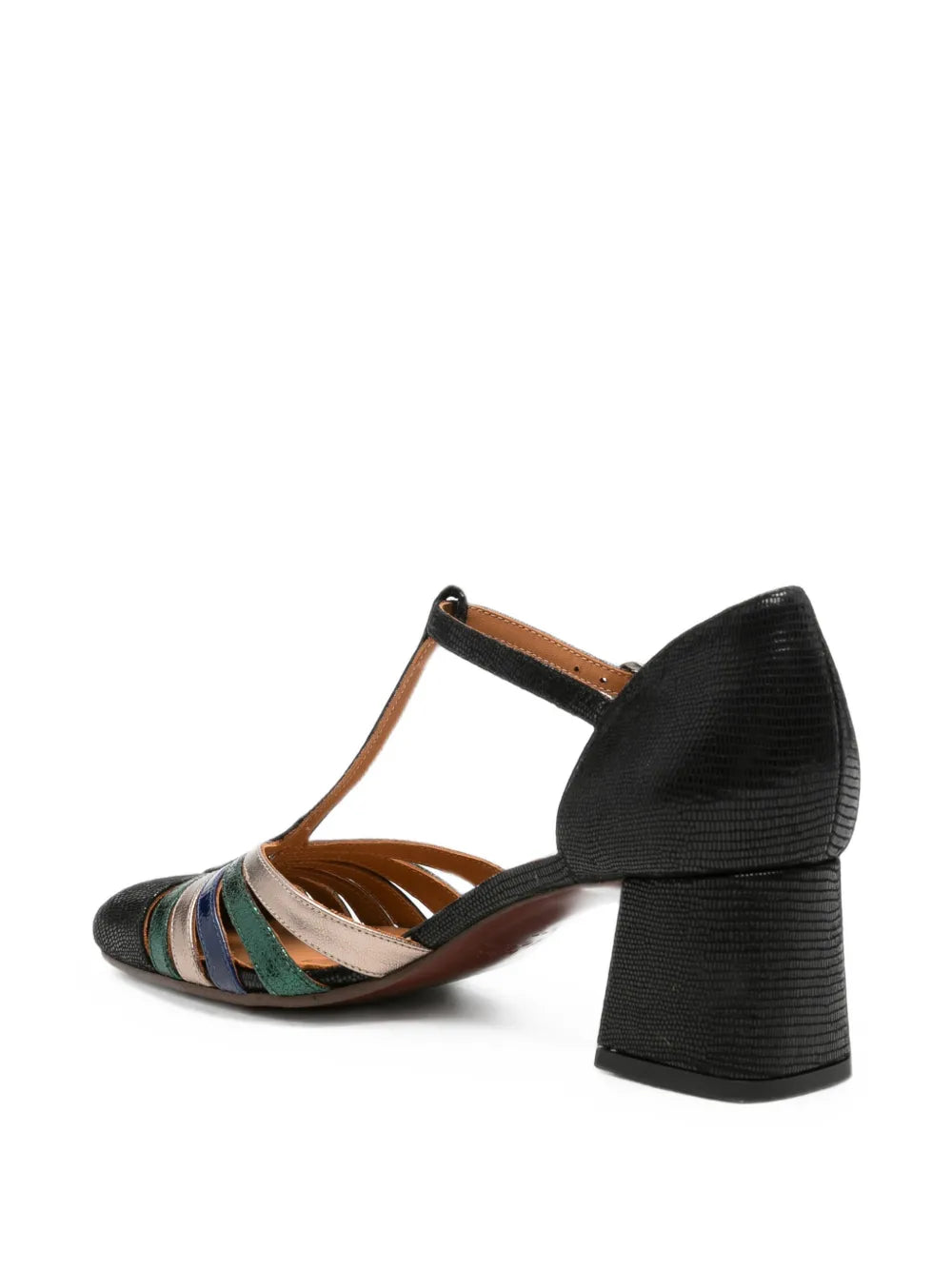 Chie Mihara VUDUI mid heel shoe with fan straps in black textured leather with iridescent green, silver and navy tones