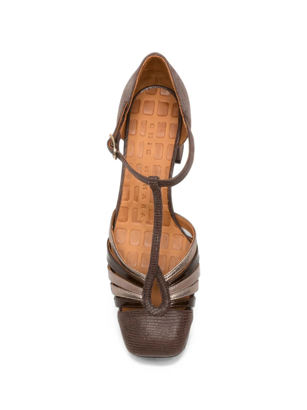 Chie Mihara VUDUI mid heel shoe with fan straps in smoky grey textured leather with chocolate, iron and ash tones