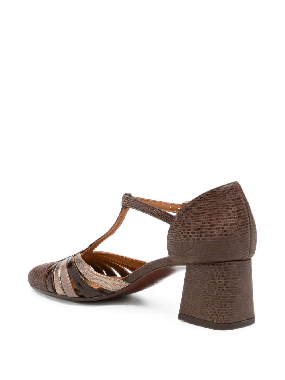 Chie Mihara VUDUI mid heel shoe with fan straps in smoky grey textured leather with chocolate, iron and ash tones