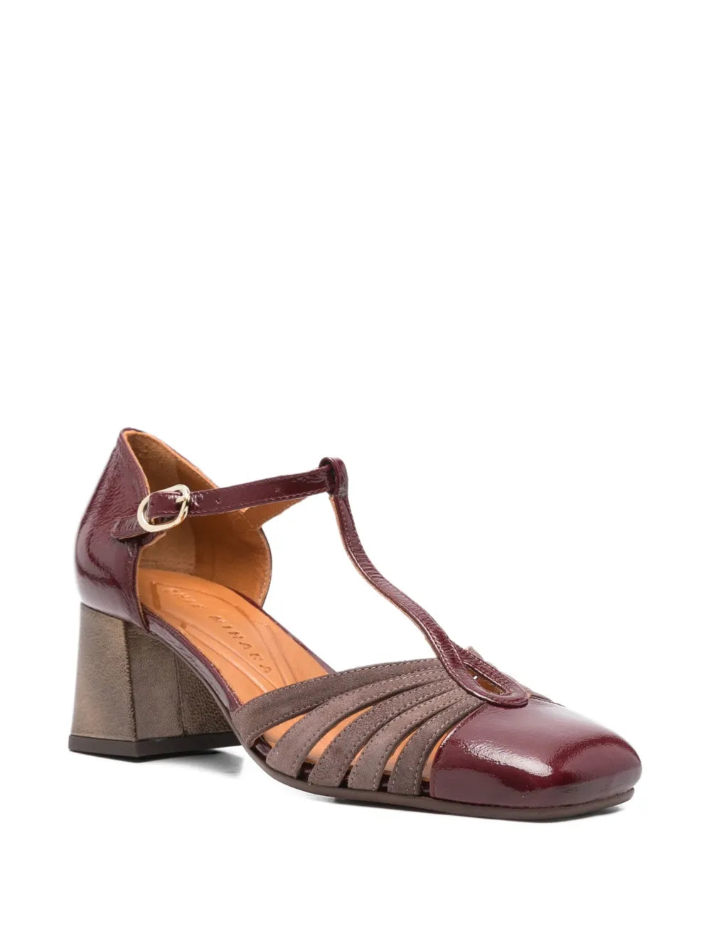 Chie Mihara Vudui wine red patent and taupe suede T-strap pump, leather insole known for exceptional comfort and fit, handmade in Spain
