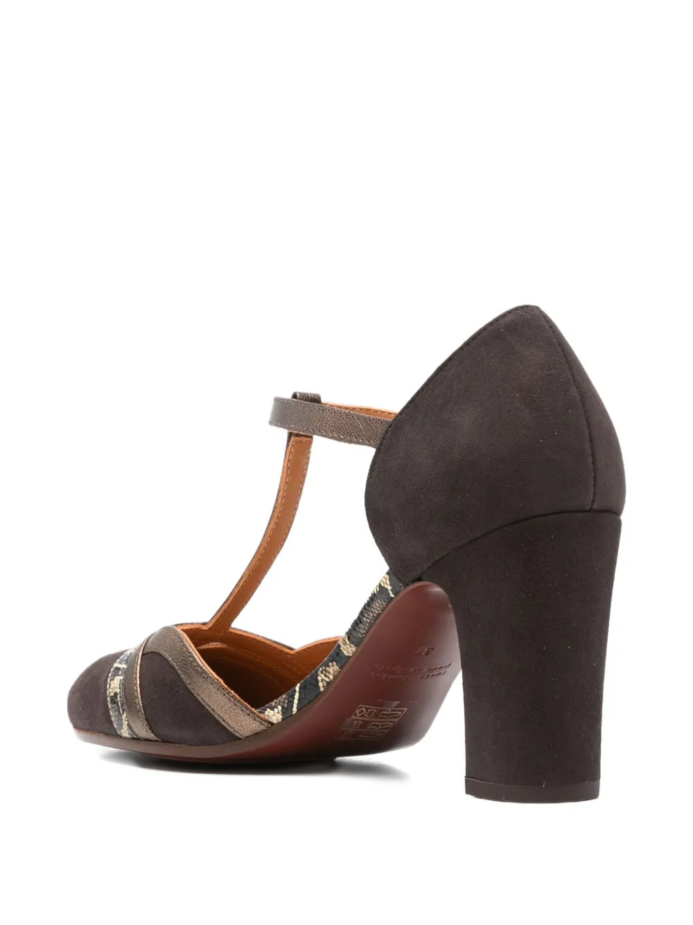 Chie Mihara Wander pumps in granite suede with bronze metallic details and T-strap design, featuring an 8.5 cm block heel