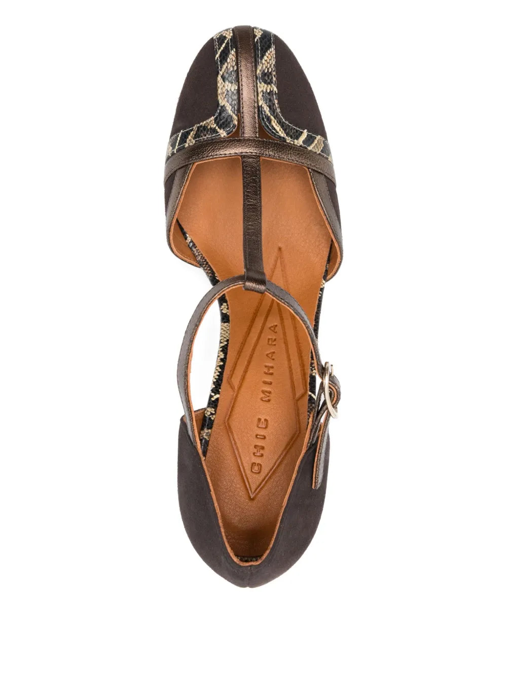 Chie Mihara Wander pumps in granite suede with bronze metallic details and T-strap design, featuring an 8.5 cm block heel