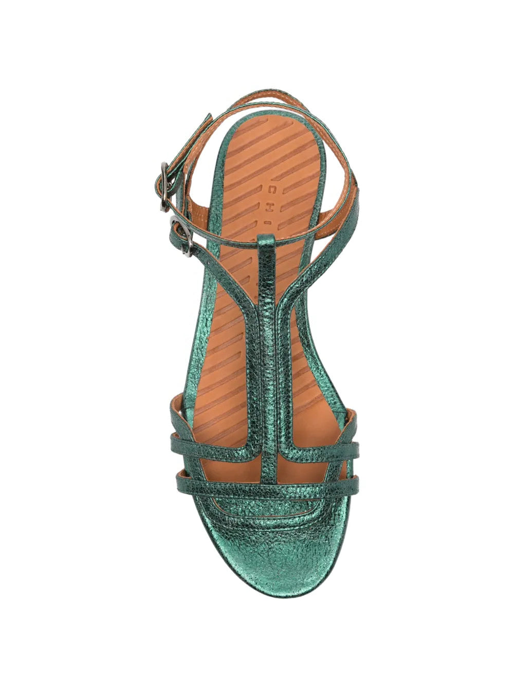 Chie Mihara Yael emerald green metallic flat sandal, leather insole with brand stamp, gladiator T-strap