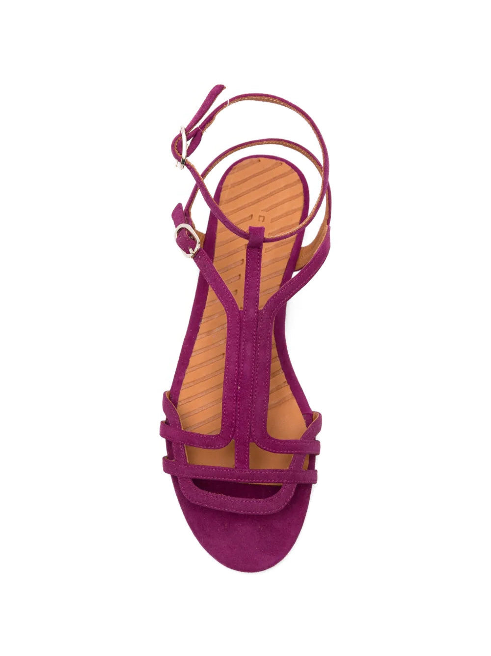Chie Mihara Yael prune suede flat sandal, leather insole with brand stamp, gladiator multi-strap