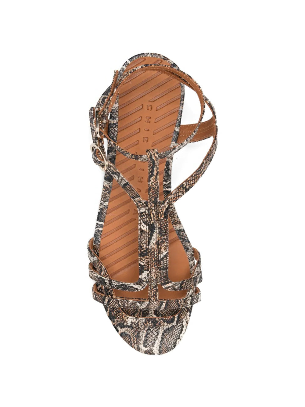 Chie Mihara Yael snake effect flat sandal, leather insole with brand stamp, gladiator multi-strap