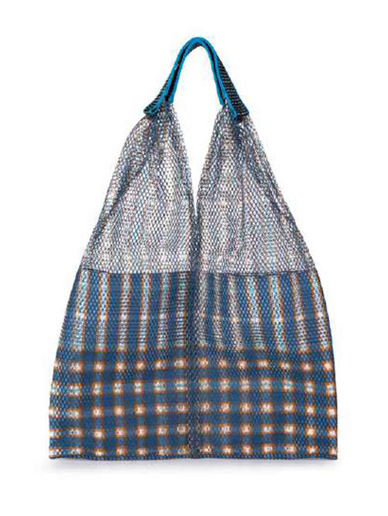 Épice Paris Elziver large shopper bag in blue multicolor check pattern, 50x47x12 cm, triangular mesh design with inner zip pouch and matching lining