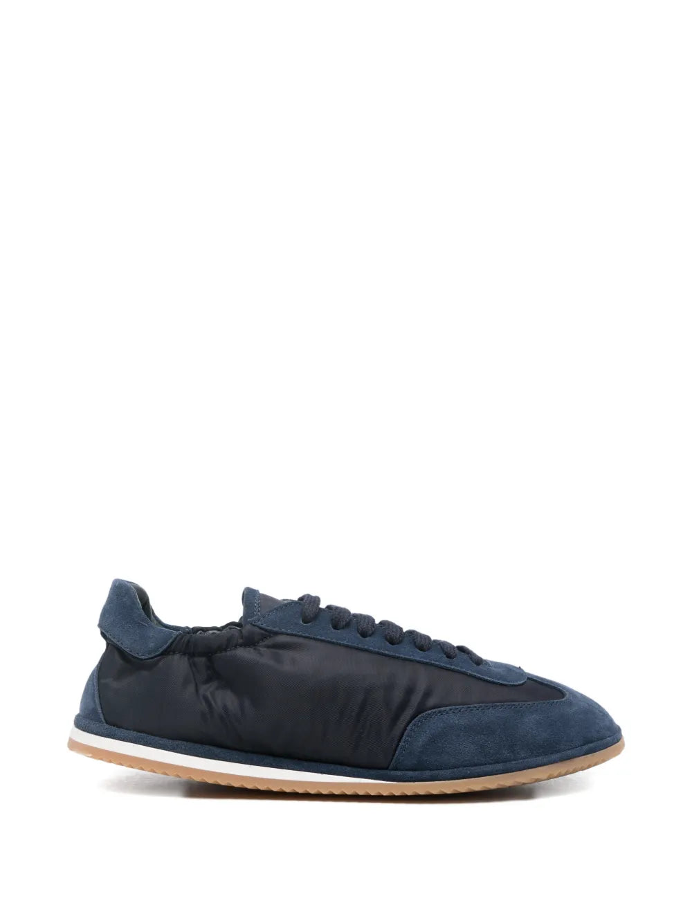 Elia Maurizi Carmen women's sneaker handmade in Italy, navy blue suede and polyamide Sacchetto construction with gum rubber sole, side view