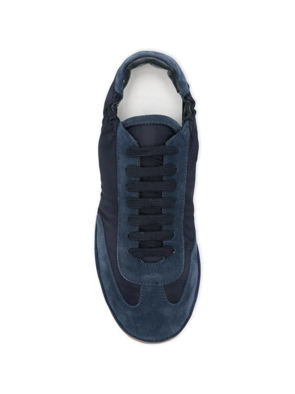 Elia Maurizi Carmen sneaker top view, navy blue suede and polyamide panels with tonal laces, made in Italy
