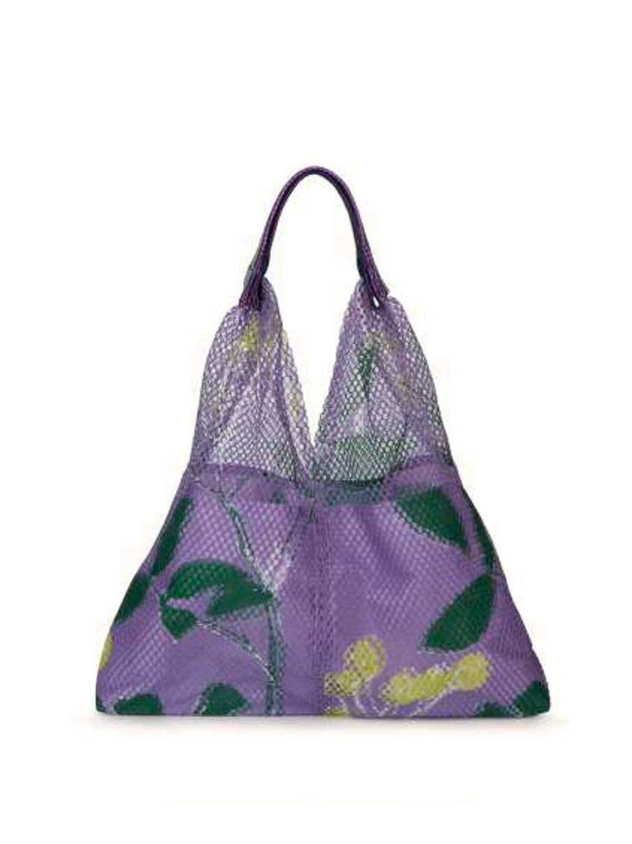 Épice Paris Elziver small floral shopper bag in lilac and green, 40x40x10 cm, triangular design with inner zip pouch