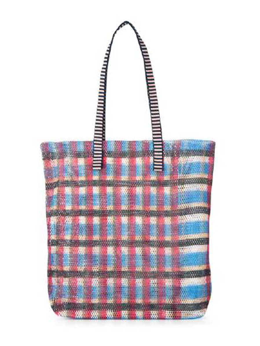ÉPICE Paris Kanpur B 2602 B1 Blue tote bag with multicolor check pattern and removable pouch