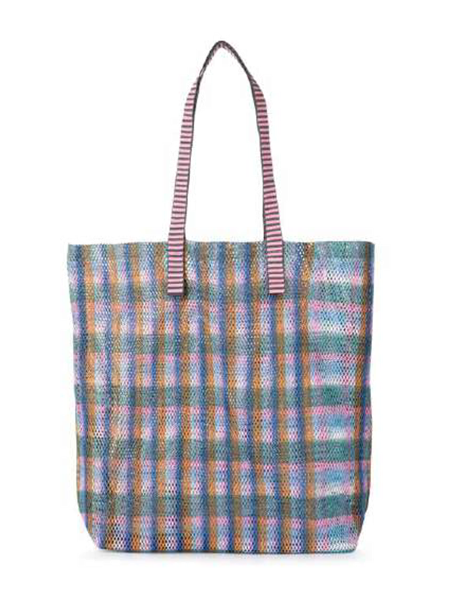 Épice Paris Kanpur large tote bag in pink multicolor check pattern, 36x29x10 cm, with long woven handles and removable inner zip pouch