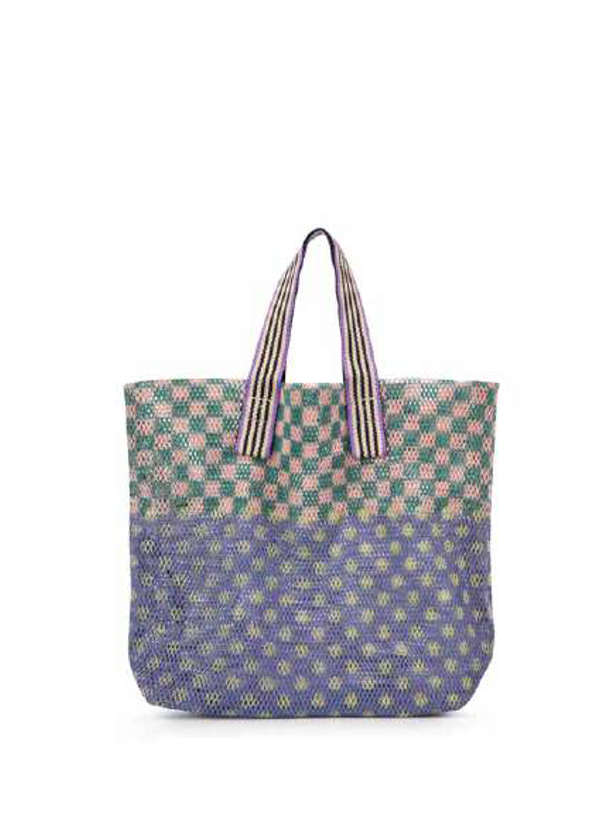 Épice Paris Kanpur small tote bag in jade and lavender graphic pattern, 29x25x10 cm, with woven handles and removable inner zip pouch