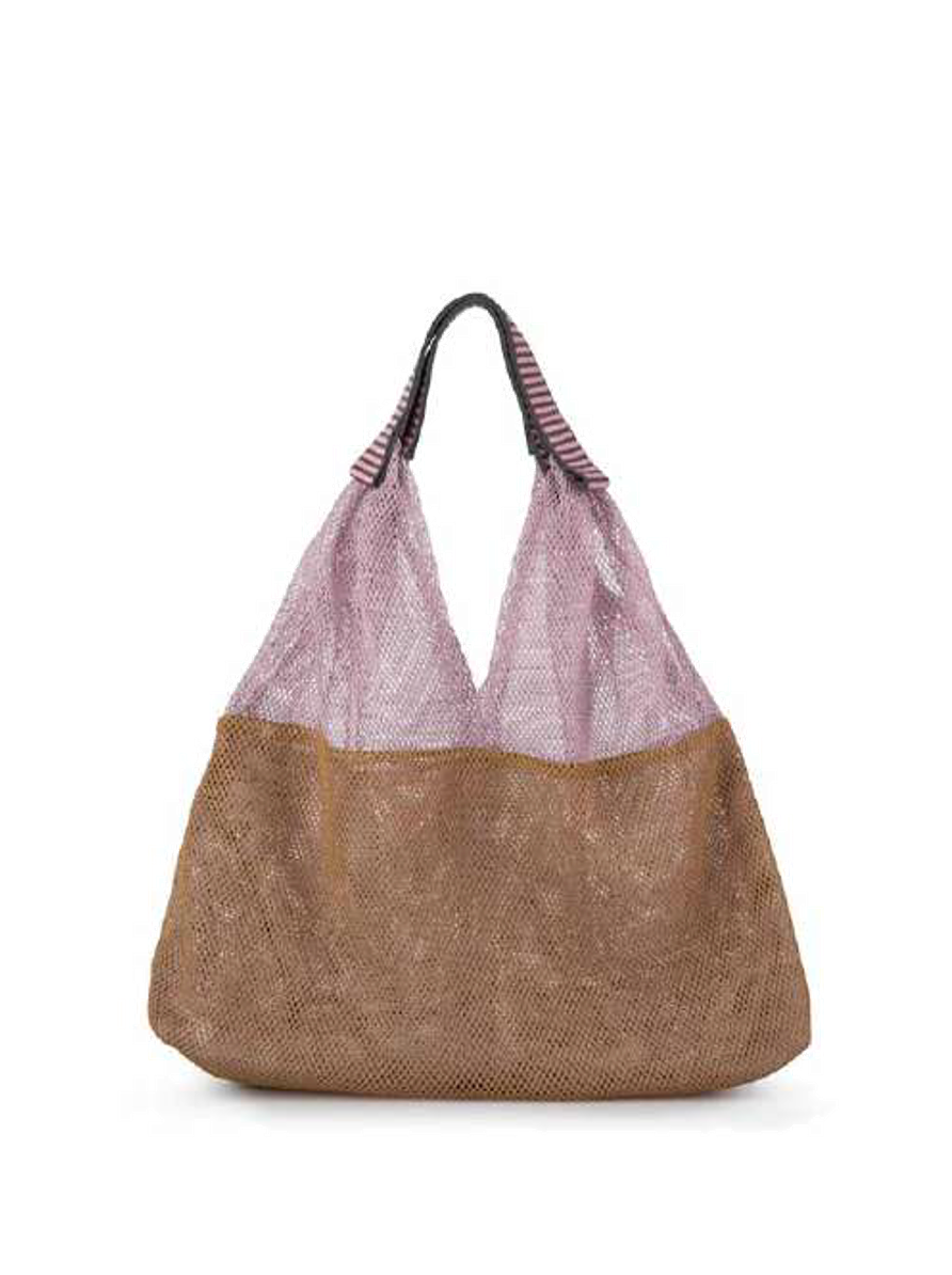 Épice Paris Udaipur triangle mesh tote bag in lupine and camel bicolor, 38x38x10 cm, with matched woven cotton handles and removable inner zip pouch