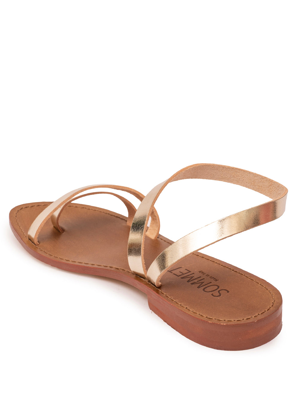 Gold leather strappy flat sandal with ankle strap — handmade in Italy | SOMMET