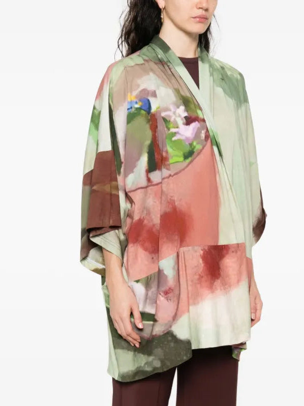 Cotton kimono with impressionist print in soft green, beige and terracotta tones