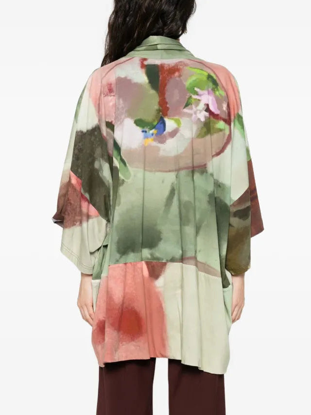 Cotton kimono with impressionist print in soft green, beige and terracotta tones