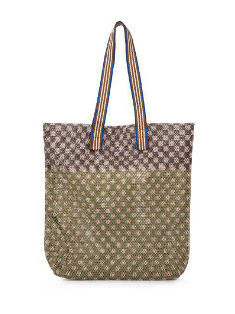 Large Kanpur Moss grey and khaki gradient geometric mesh tote bag with multicolor striped handles, front view on white background