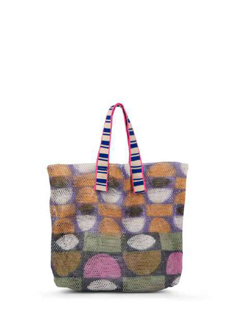 Small Kanpur Sage multicolor geometric mesh tote bag with blue and white striped handles, front view on white background