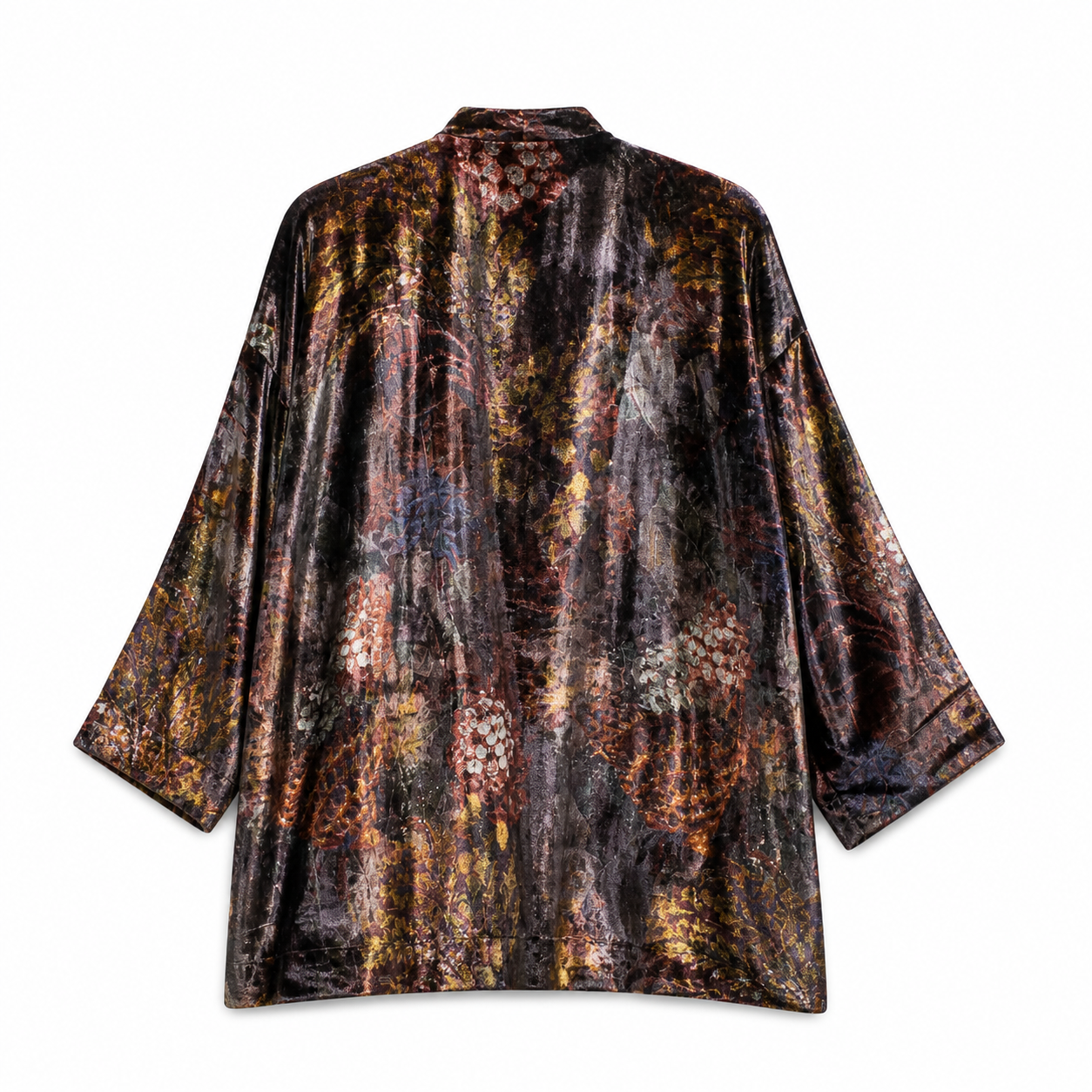 Floral print kimono in silk velvet black bordeaux and gold — YAVÏ