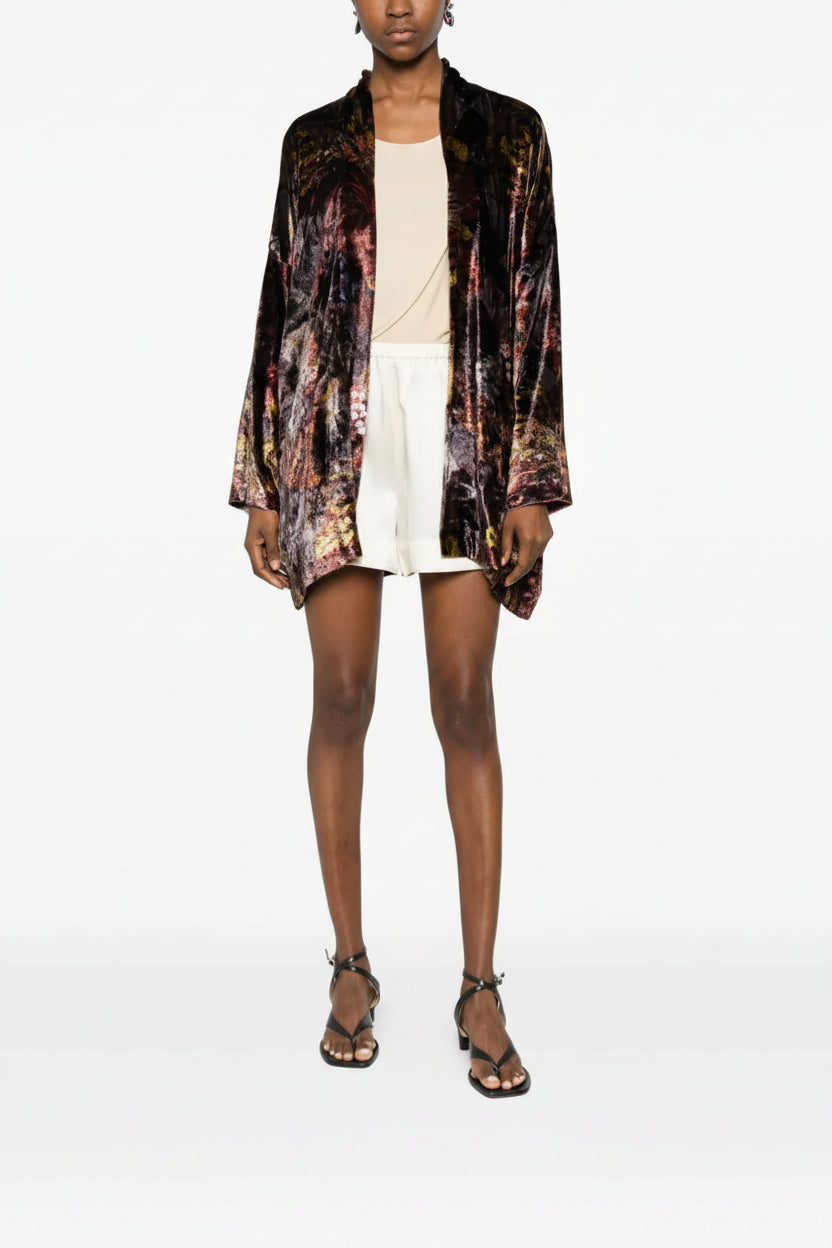 Floral print kimono in silk velvet black bordeaux and gold — YAVÏ