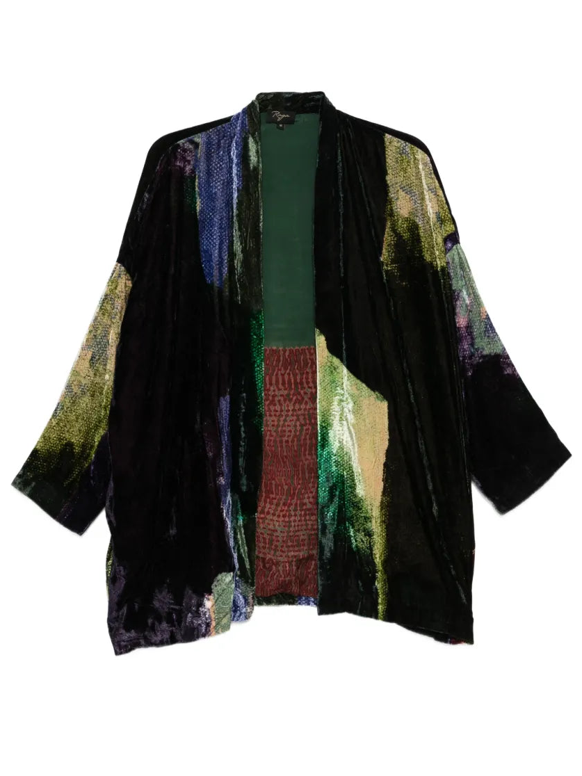 Abstract print kimono in silk velvet black green and indigo — YAVÏ
