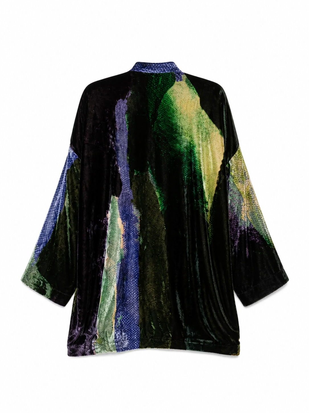 Abstract print kimono in silk velvet black green and indigo — YAVÏ