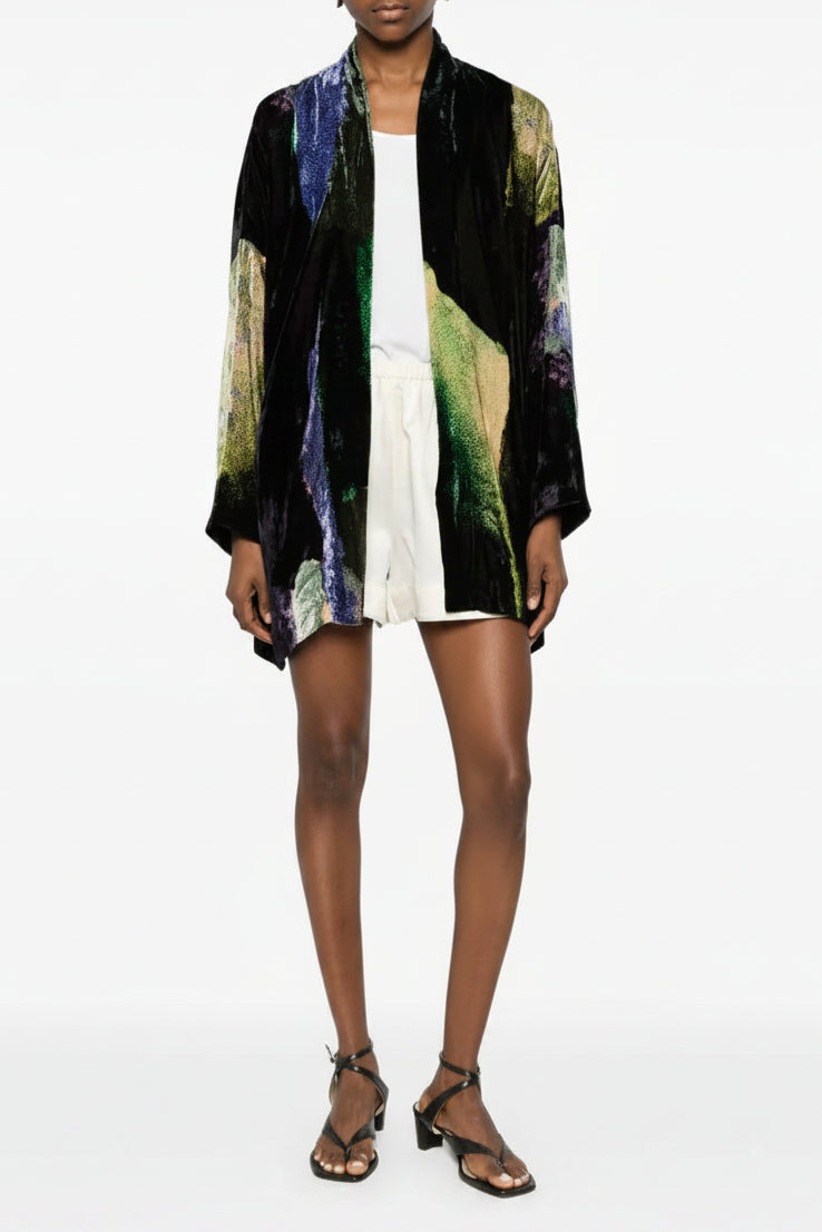 Abstract print kimono in silk velvet black green and indigo — YAVÏ