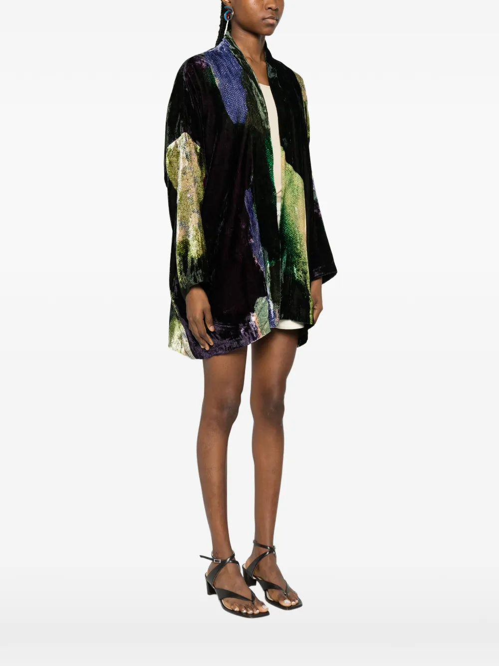 Abstract print kimono in silk velvet black green and indigo — YAVÏ