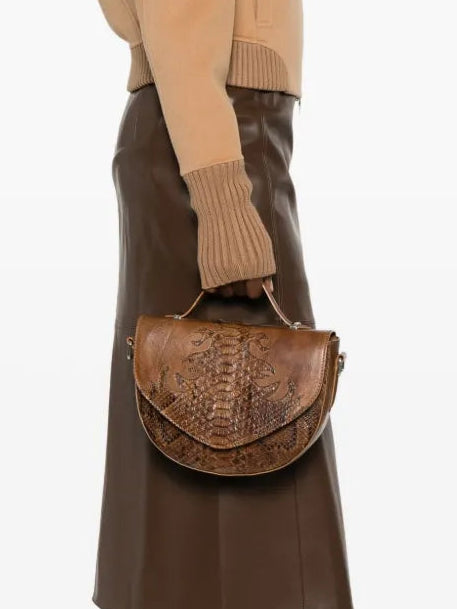 La Bottega di Lisa brown embossed python leather shoulder bag handmade in Italy with adjustable strap and flap closure.