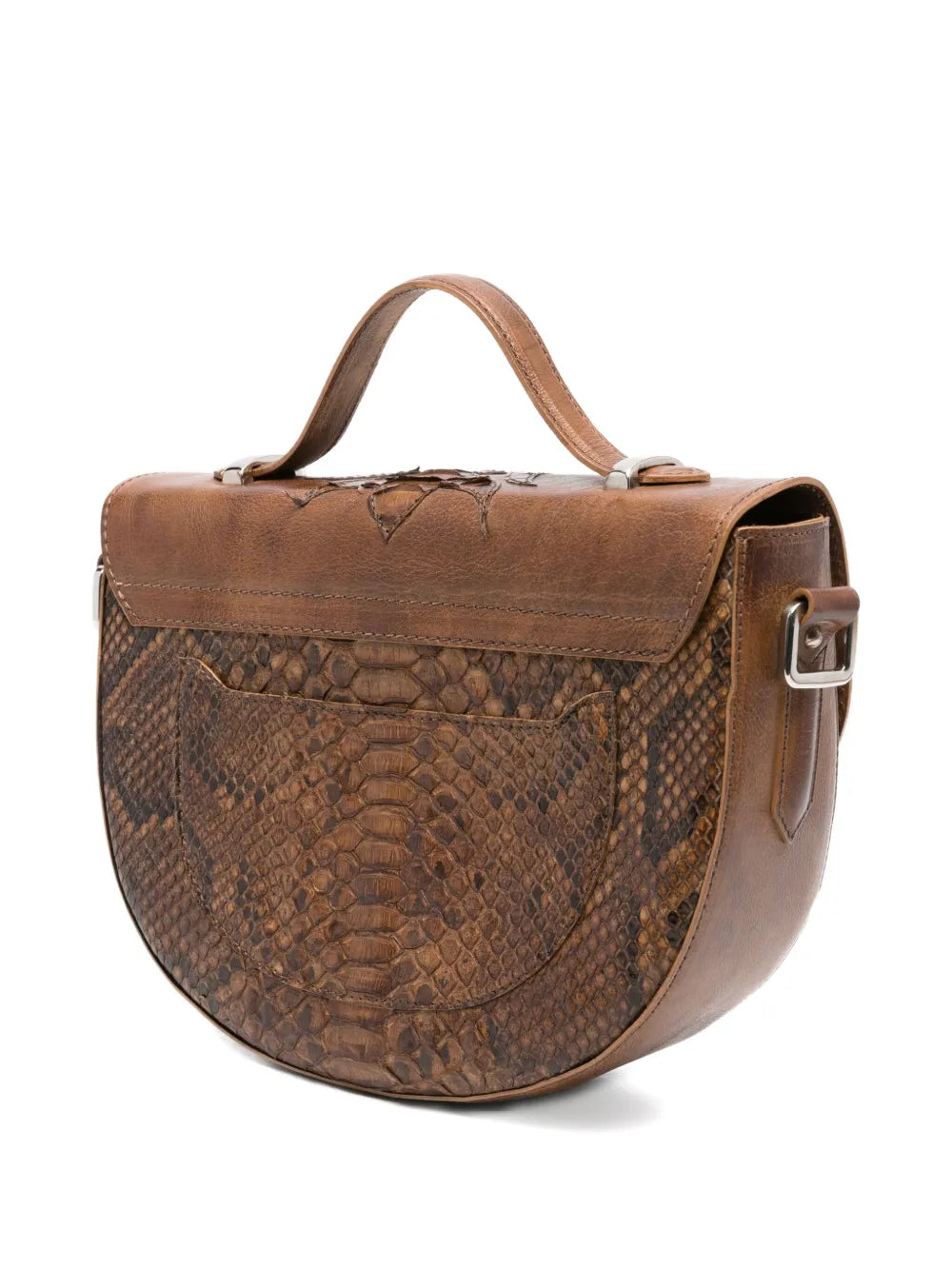 La Bottega di Lisa brown embossed python leather shoulder bag handmade in Italy with adjustable strap and flap closure.