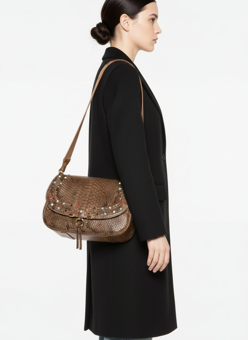 La Bottega di Lisa python leather shoulder bag with cabochon stones and gold-tone details – handmade in Italy.