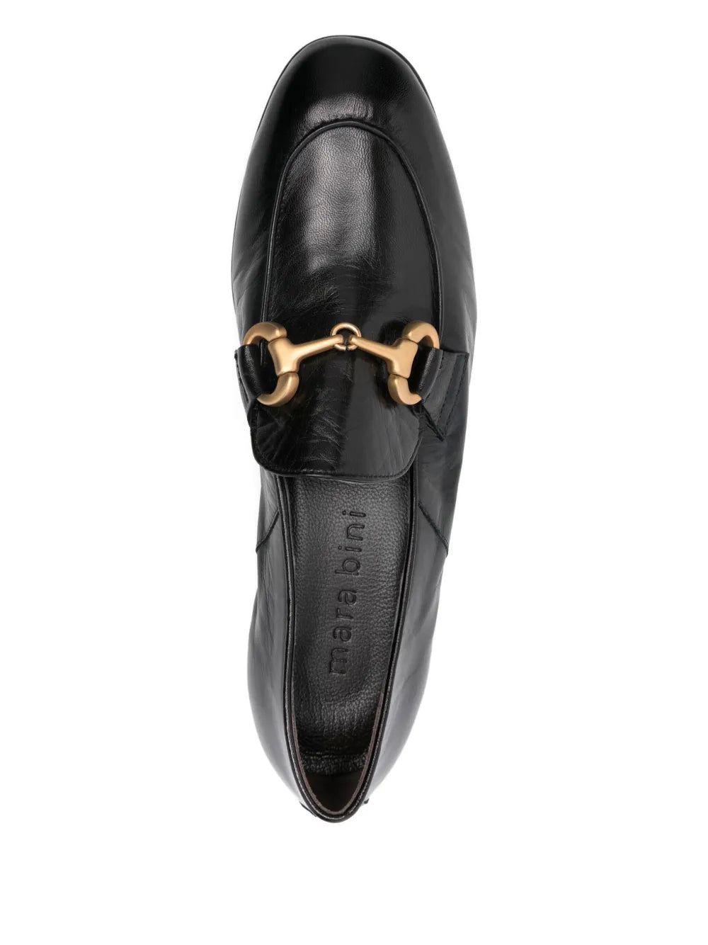 Mara Bini PAT black calf leather loafer with metal buckle, ultra-flexible sacchetto construction, Italian craftsmanship