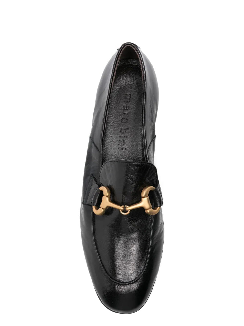 Mara Bini PAT black calf leather loafer with metal buckle, ultra-flexible sacchetto construction, Italian craftsmanship