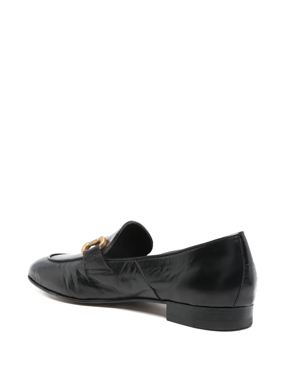 Mara Bini PAT black calf leather loafer with metal buckle, ultra-flexible sacchetto construction, Italian craftsmanship