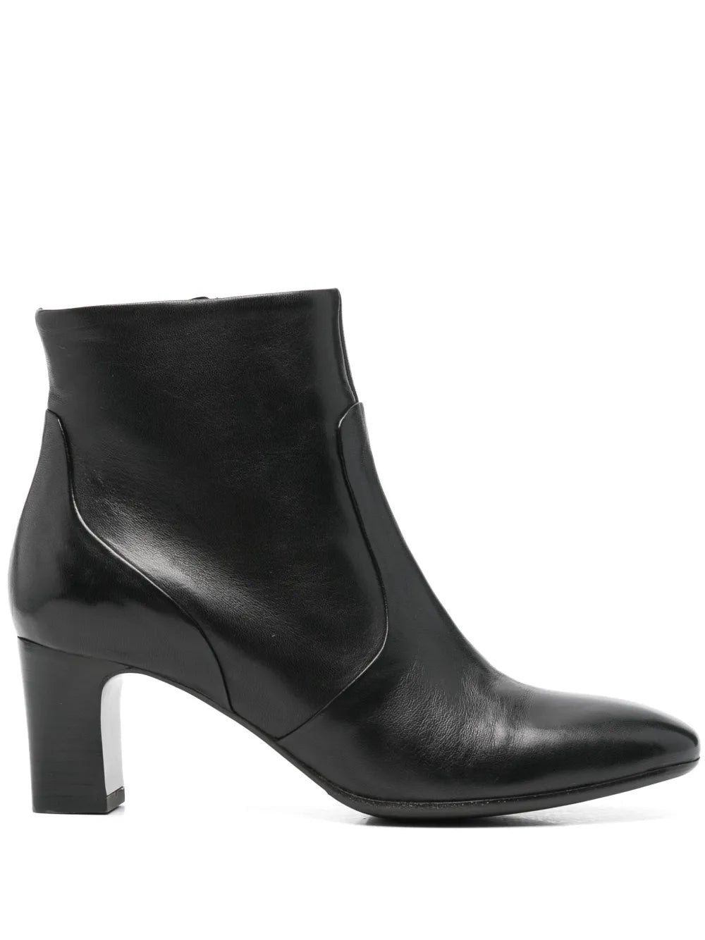 Mara Bini Perla black leather ankle boot with 7 cm block heel, classic Italian design.