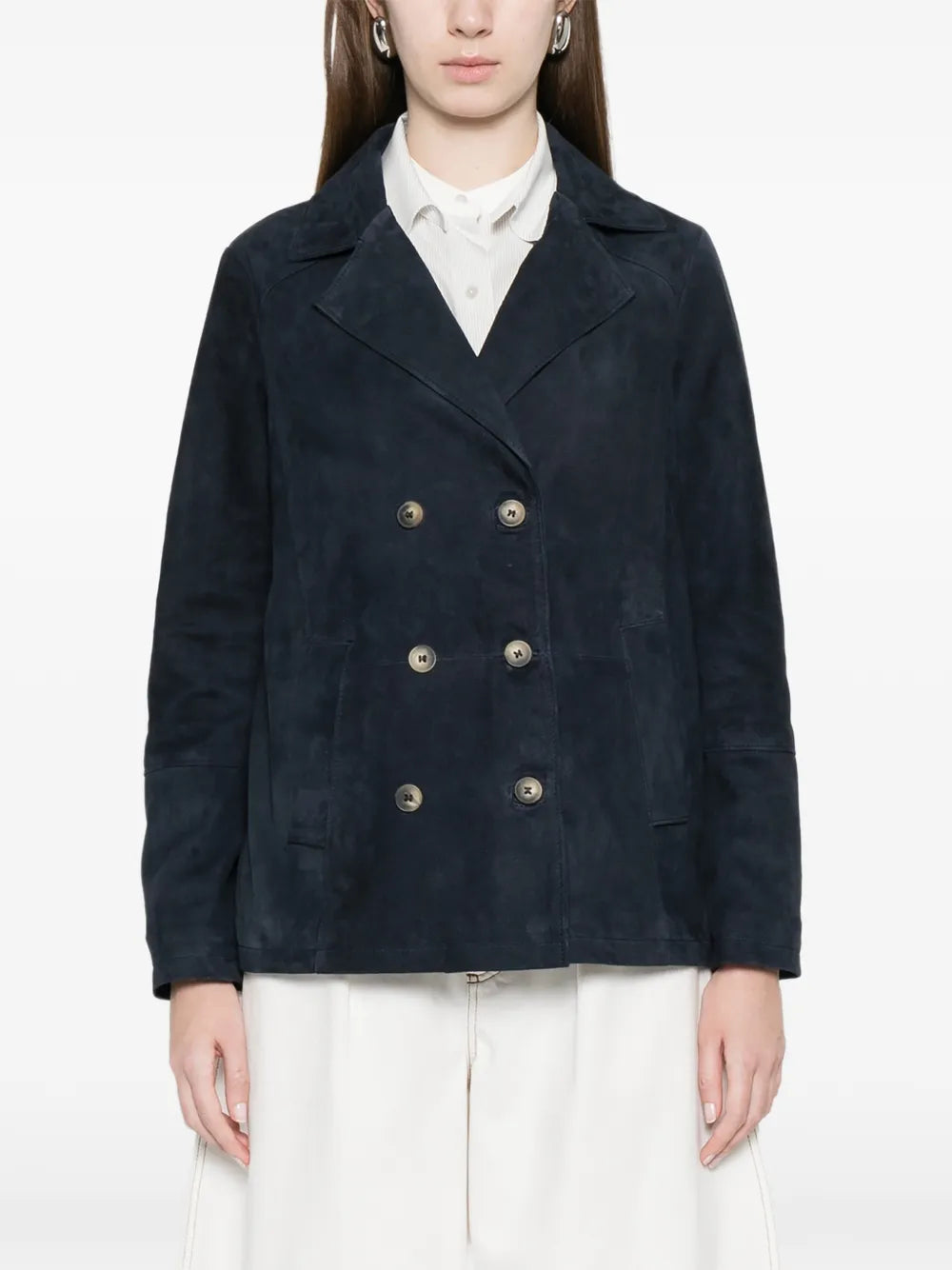 MARA BINI Navy kid suede double-breasted blazer