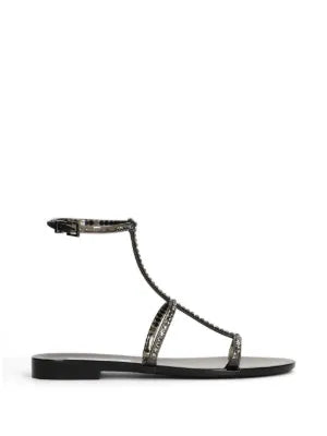 Menghi flat sandal with Swarovski crystals, black, ankle strap, gold hardware, made in Italy