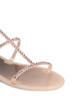 Menghi flat sandal with Swarovski crystals, powder pink, ankle strap, gold hardware, made in Italy