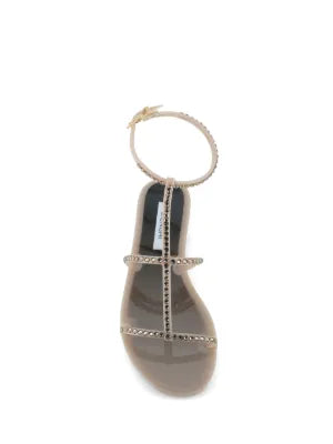 Menghi flat sandal with Swarovski crystals, taupe, ankle strap, gold hardware, made in Italy