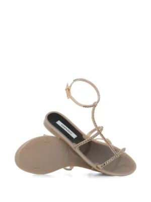 Menghi flat sandal with Swarovski crystals, taupe, ankle strap, gold hardware, made in Italy