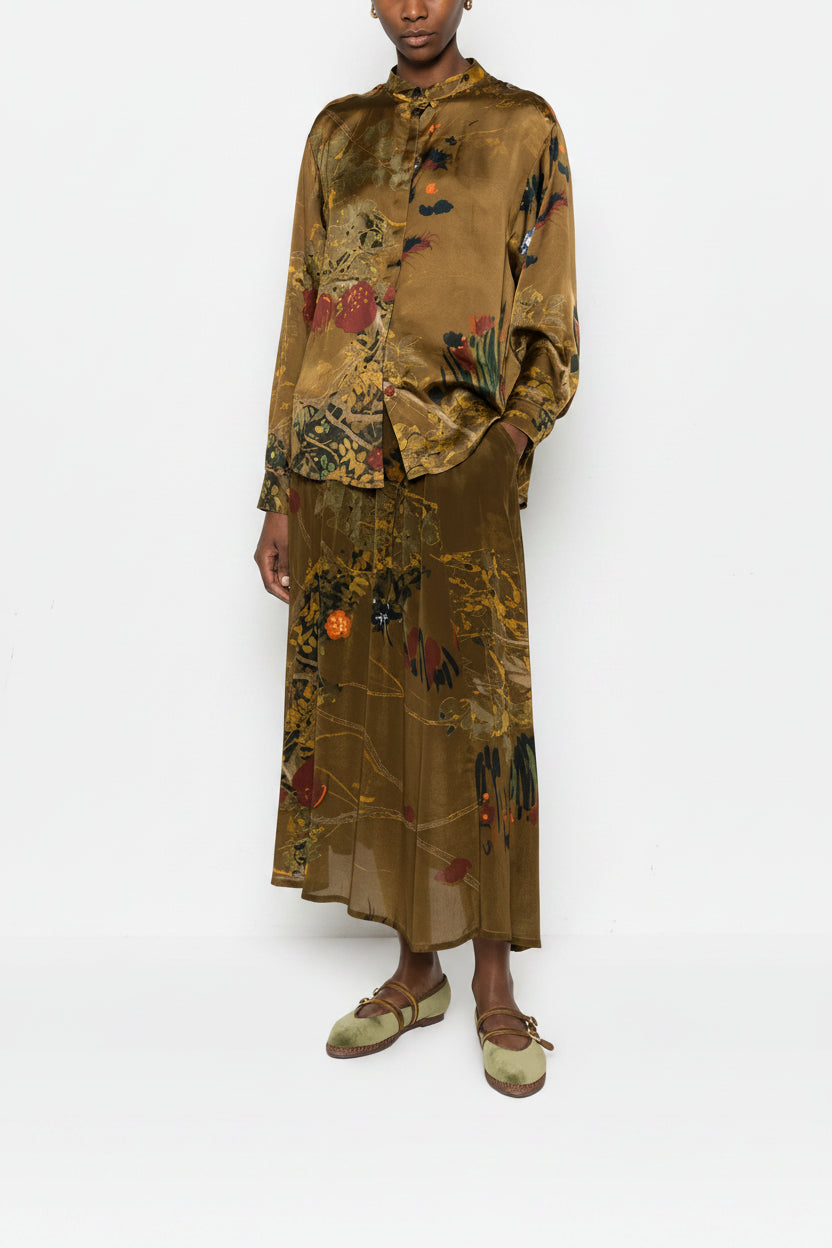 Midi skirt botanical pictorial print khaki and olive green — YAVÏ