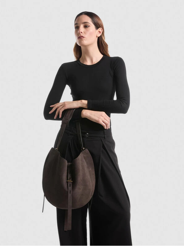 Minobossi Liz hobo bag in testa di moro brown calf suede – handmade in Italy, adjustable strap, interior zip pocket.