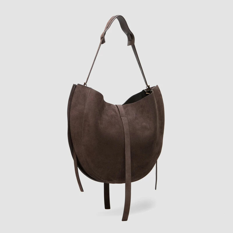 Minobossi Liz hobo bag in testa di moro brown calf suede – handmade in Italy, adjustable strap, interior zip pocket.
