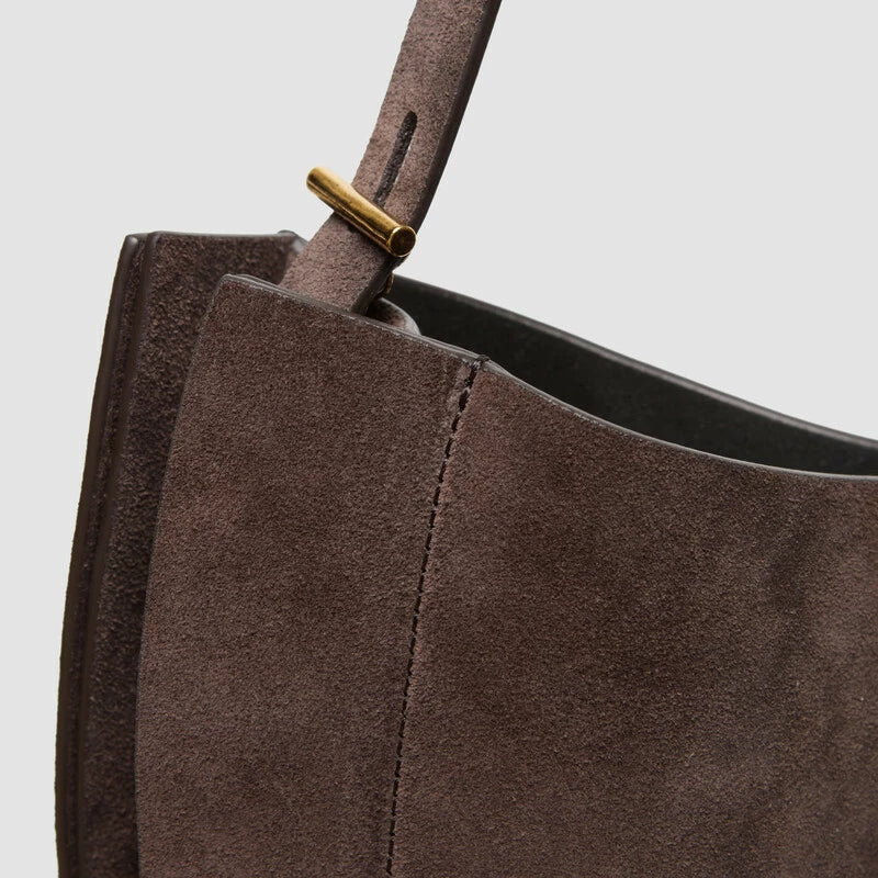 Minobossi Lizzie Small hobo bag in testa di moro brown calf suede – handmade in Italy with adjustable strap and interior zip pocket.