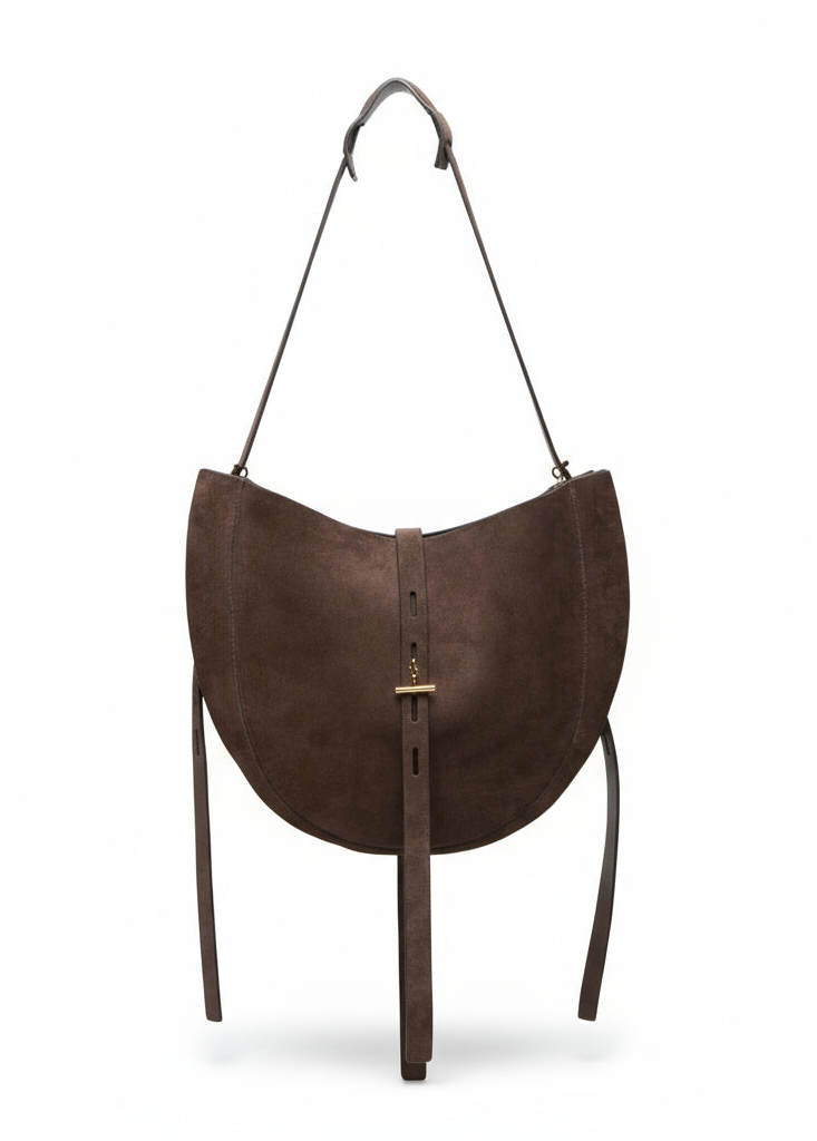 Minobossi Lizzie Small hobo bag in testa di moro brown calf suede – handmade in Italy with adjustable strap and interior zip pocket.